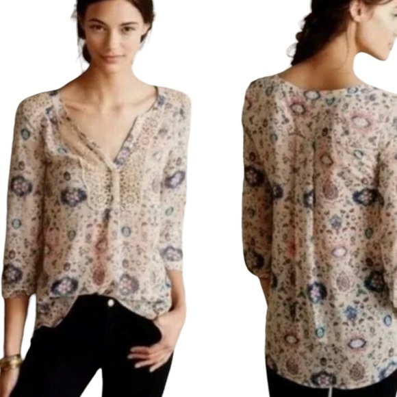 MAEVE Anthropologie Viola V Neck Chiffon Damask Paisley Print Boho Blouse - Picture 9 of 10